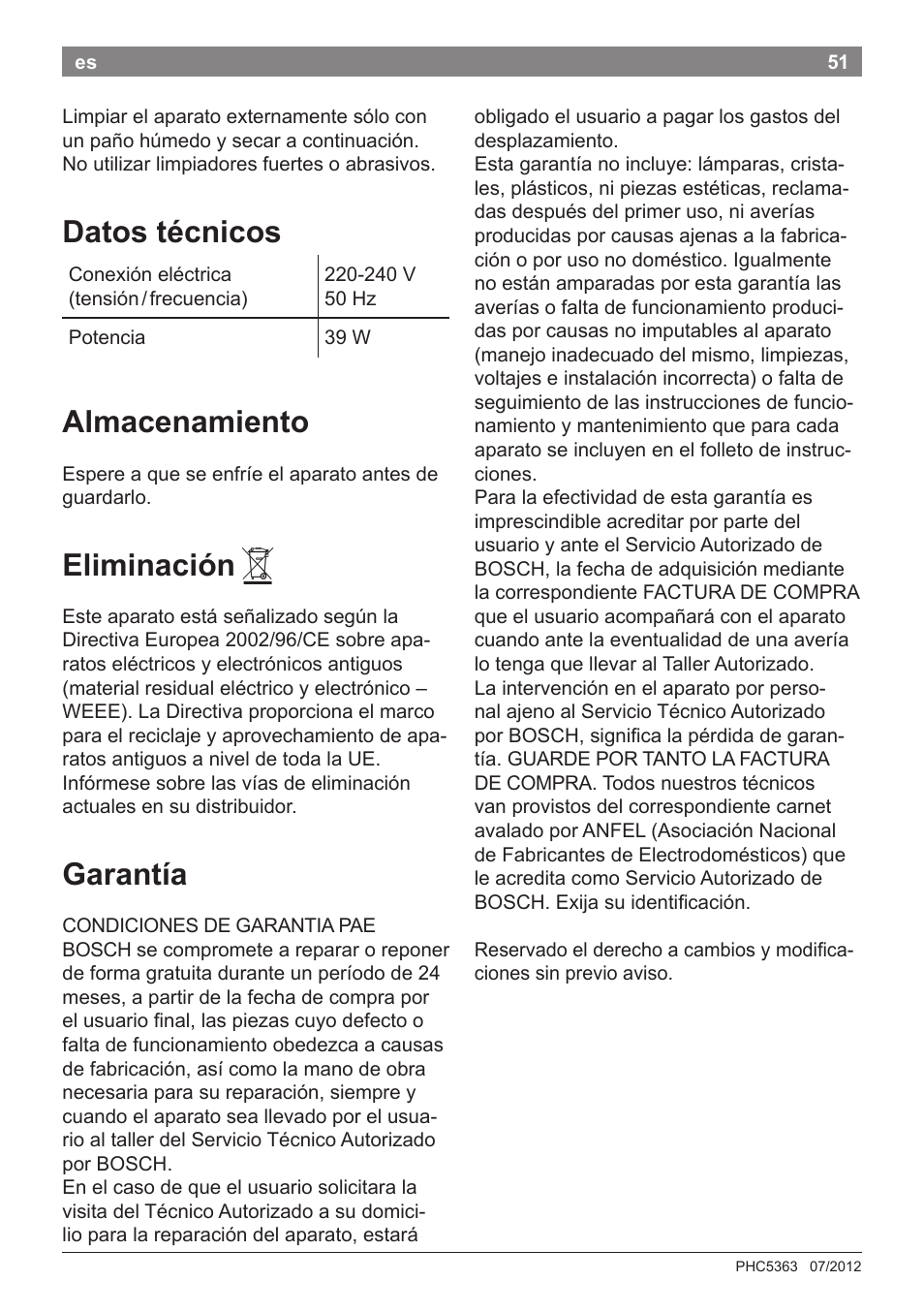 Datos técnicos, Almacenamiento, Eliminación | Garantía | Bosch PHC5363 Lockenstab BrilliantCare Quattro-Ion User Manual | Page 53 / 102