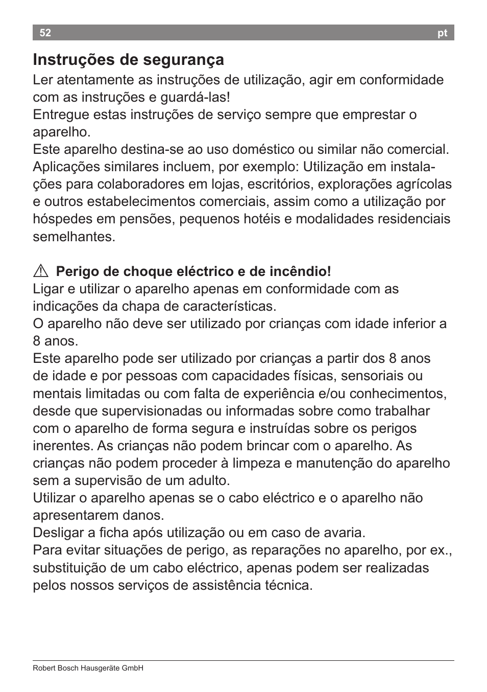 Instruções de segurança | Bosch PHC5363 Lockenstab BrilliantCare Quattro-Ion User Manual | Page 54 / 102