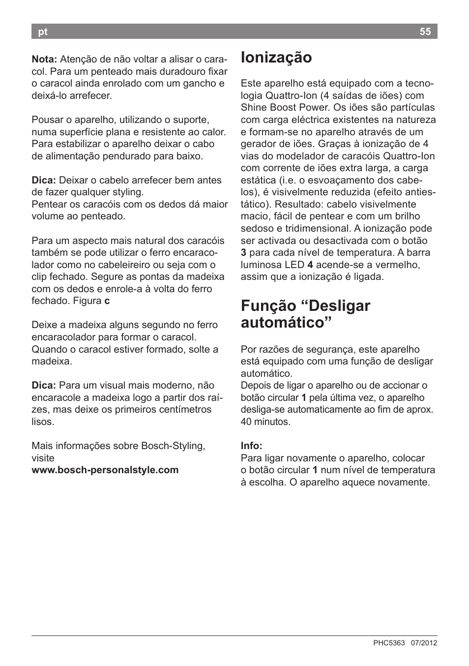Ionização, Função “desligar automático | Bosch PHC5363 Lockenstab BrilliantCare Quattro-Ion User Manual | Page 57 / 102
