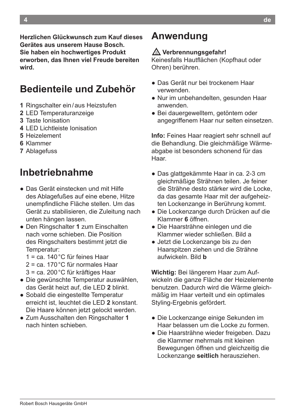 Bedienteile und zubehör, Inbetriebnahme, Anwendung | Bosch PHC5363 Lockenstab BrilliantCare Quattro-Ion User Manual | Page 6 / 102