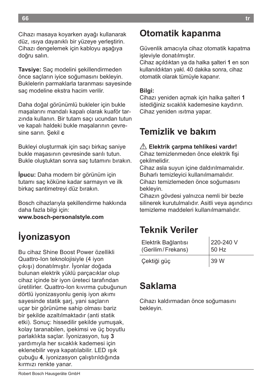 Iyonizasyon, Otomatik kapanma, Temizlik ve bakım | Teknik veriler, Saklama | Bosch PHC5363 Lockenstab BrilliantCare Quattro-Ion User Manual | Page 68 / 102