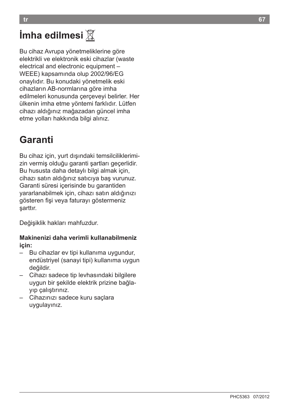 Imha edilmesi, Garanti | Bosch PHC5363 Lockenstab BrilliantCare Quattro-Ion User Manual | Page 69 / 102