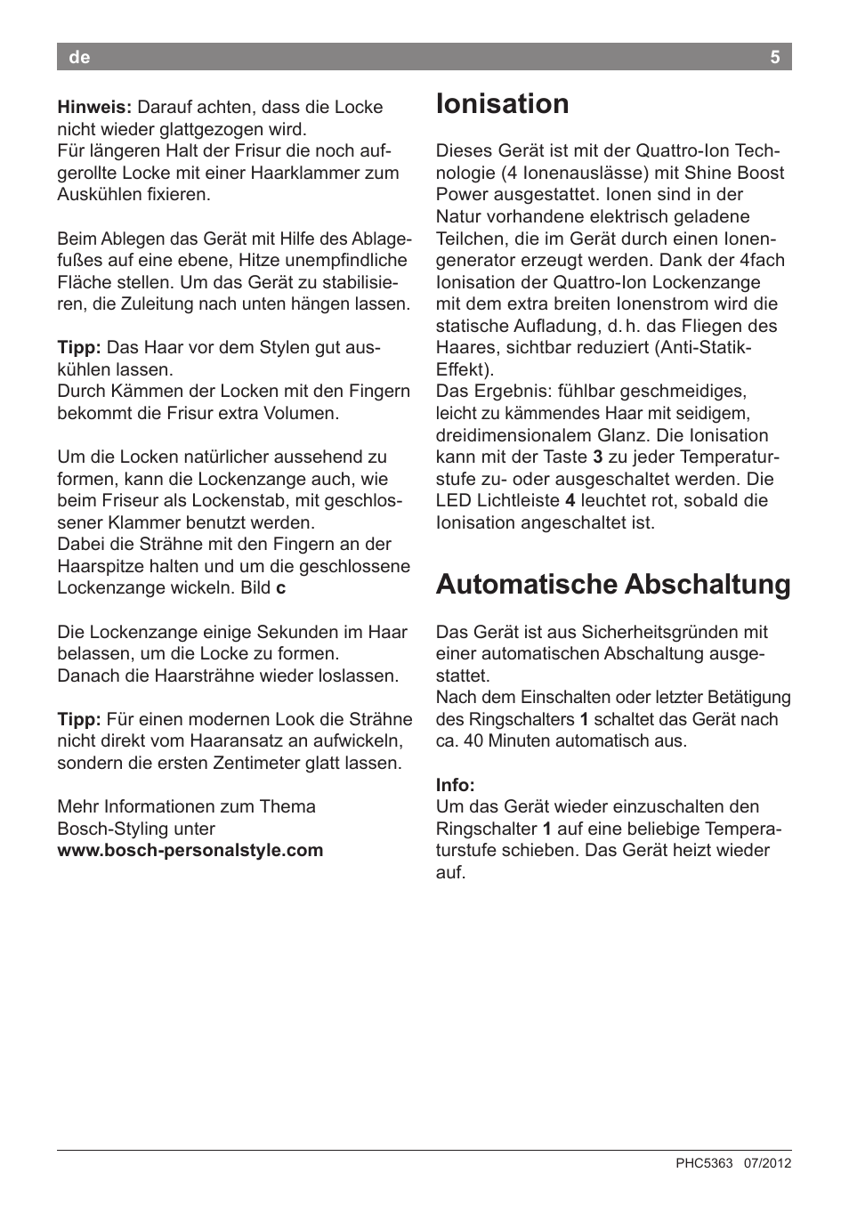 Ionisation, Automatische abschaltung | Bosch PHC5363 Lockenstab BrilliantCare Quattro-Ion User Manual | Page 7 / 102