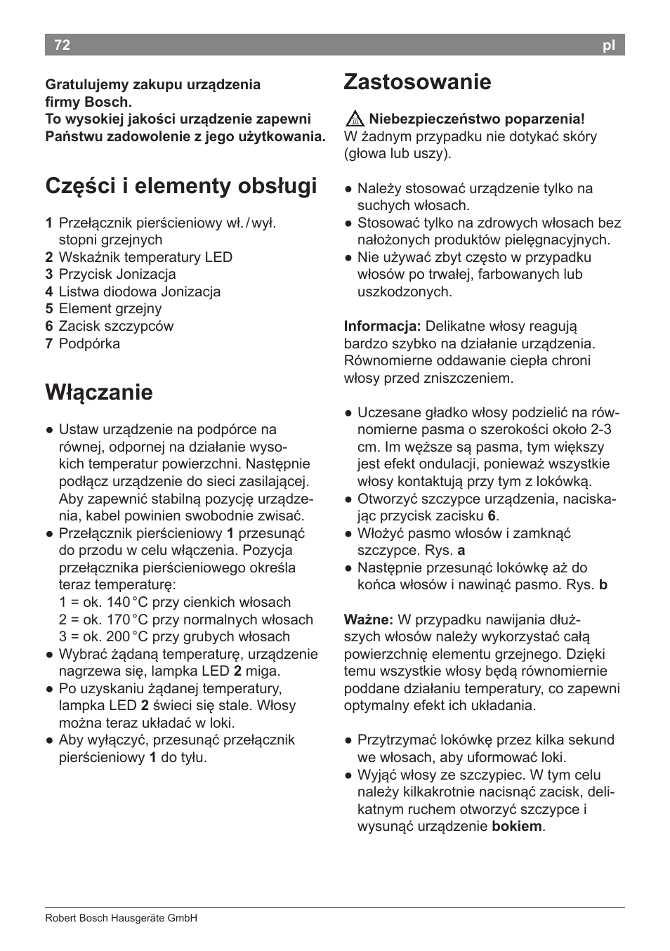 Części i elementy obsługi, Włączanie, Zastosowanie | Bosch PHC5363 Lockenstab BrilliantCare Quattro-Ion User Manual | Page 74 / 102