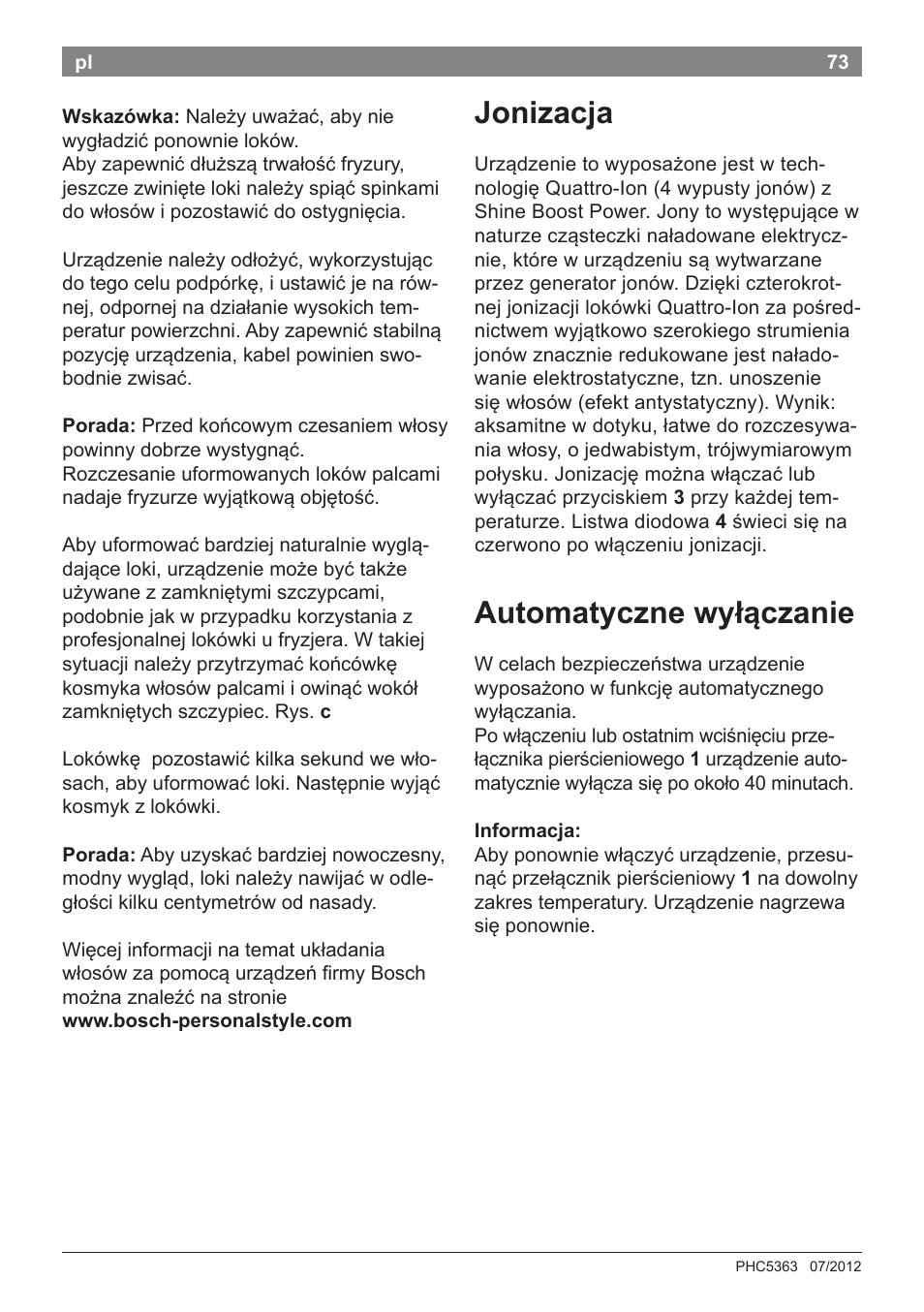 Jonizacja, Automatyczne wyłączanie | Bosch PHC5363 Lockenstab BrilliantCare Quattro-Ion User Manual | Page 75 / 102