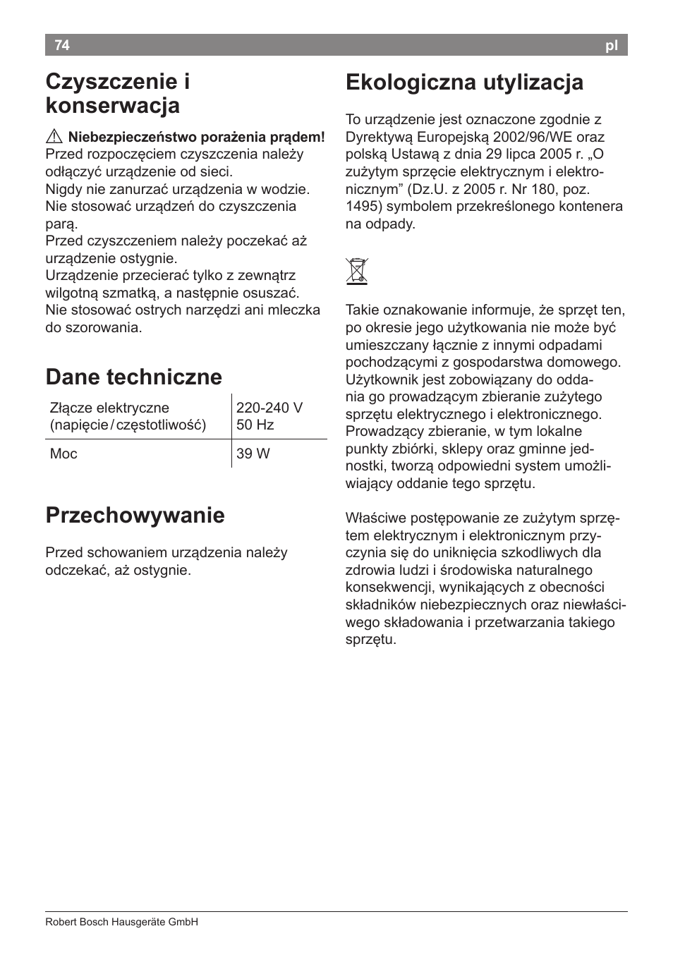 Czyszczenie i konserwacja, Dane techniczne, Przechowywanie | Ekologiczna utylizacja | Bosch PHC5363 Lockenstab BrilliantCare Quattro-Ion User Manual | Page 76 / 102