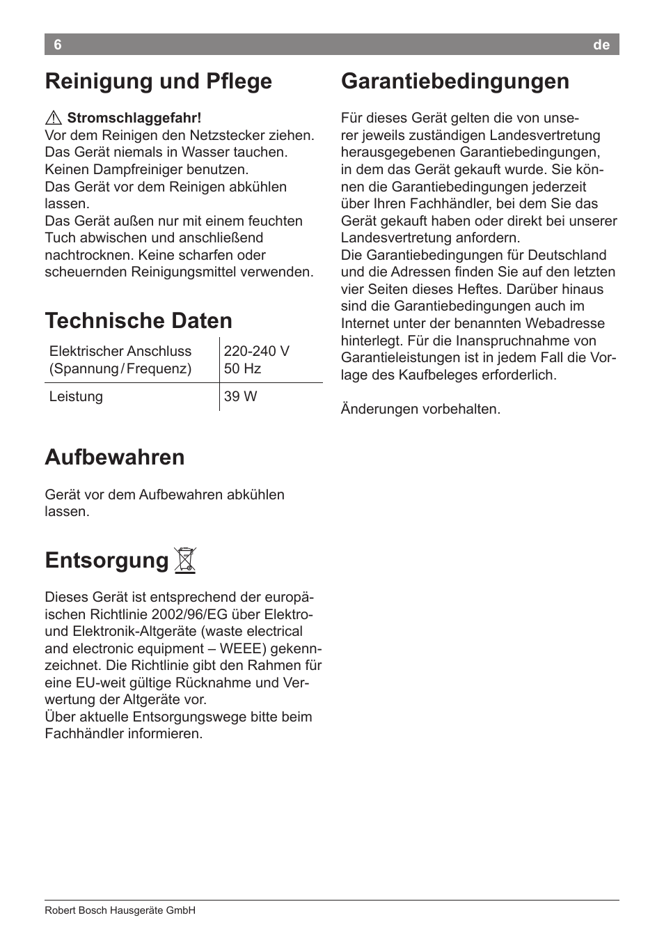 Reinigung und pflege, Technische daten, Aufbewahren | Entsorgung, Garantiebedingungen | Bosch PHC5363 Lockenstab BrilliantCare Quattro-Ion User Manual | Page 8 / 102