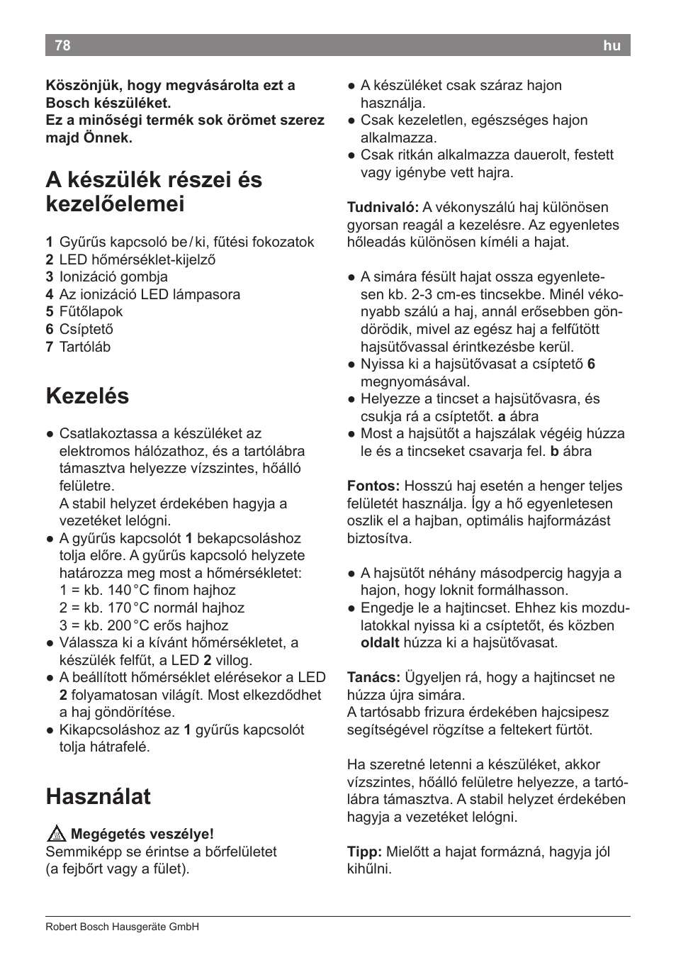 A készülék részei és kezelőelemei, Kezelés, Használat | Bosch PHC5363 Lockenstab BrilliantCare Quattro-Ion User Manual | Page 80 / 102