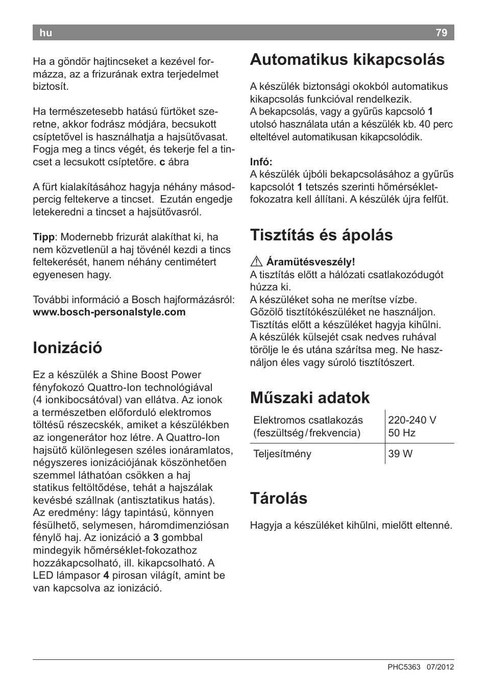 Automatikus kikapcsolás, Tisztítás és ápolás, Műszaki adatok | Tárolás, Ionizáció | Bosch PHC5363 Lockenstab BrilliantCare Quattro-Ion User Manual | Page 81 / 102