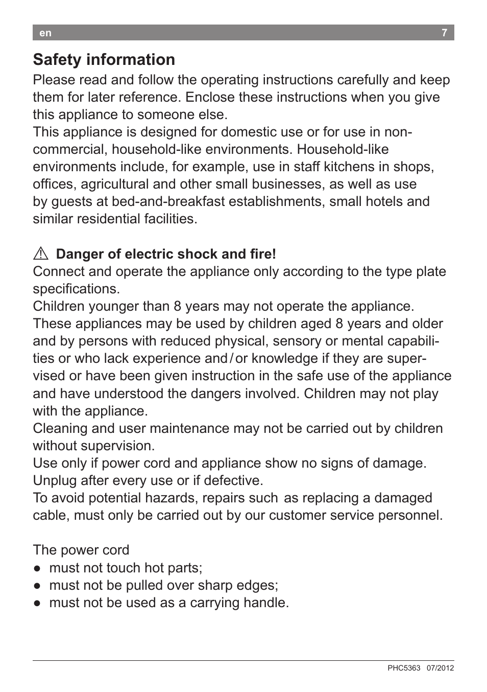 Safety information | Bosch PHC5363 Lockenstab BrilliantCare Quattro-Ion User Manual | Page 9 / 102