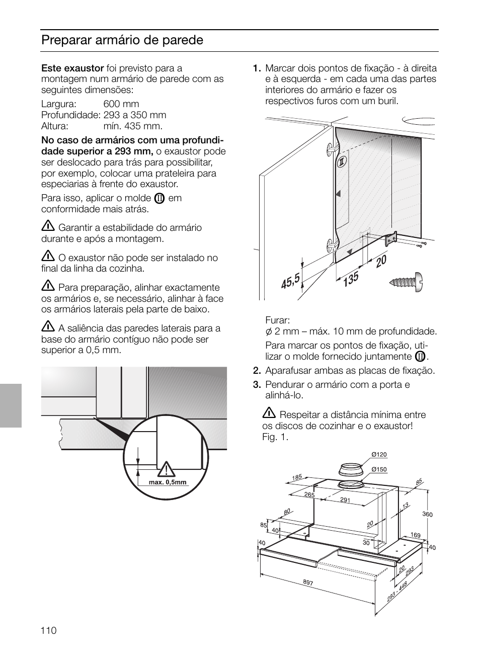 Preparar armário de parede | Bosch DHI965V grau-metallic Flachschirmhaube 90 cm User Manual | Page 110 / 116