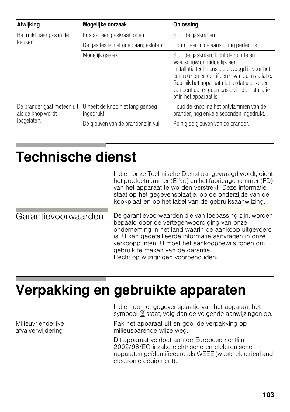 Milieuvriendelijke afvalverwijdering, Technische dienst, Verpakking en gebruikte apparaten | Garantievoorwaarden | Bosch PRP626B70E Gas-Kochstelle Glaskeramik 60 cm User Manual | Page 102 / 118