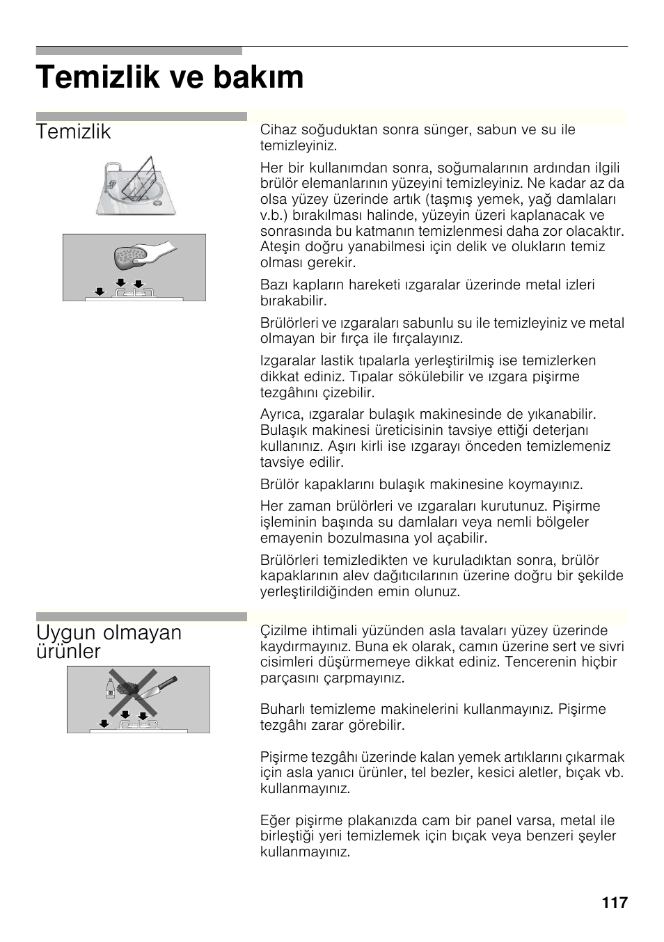 Temizlik ve bakım, Temizlik, Uygun olmayan ürünler | Bosch PRP626B70E Gas-Kochstelle Glaskeramik 60 cm User Manual | Page 116 / 118