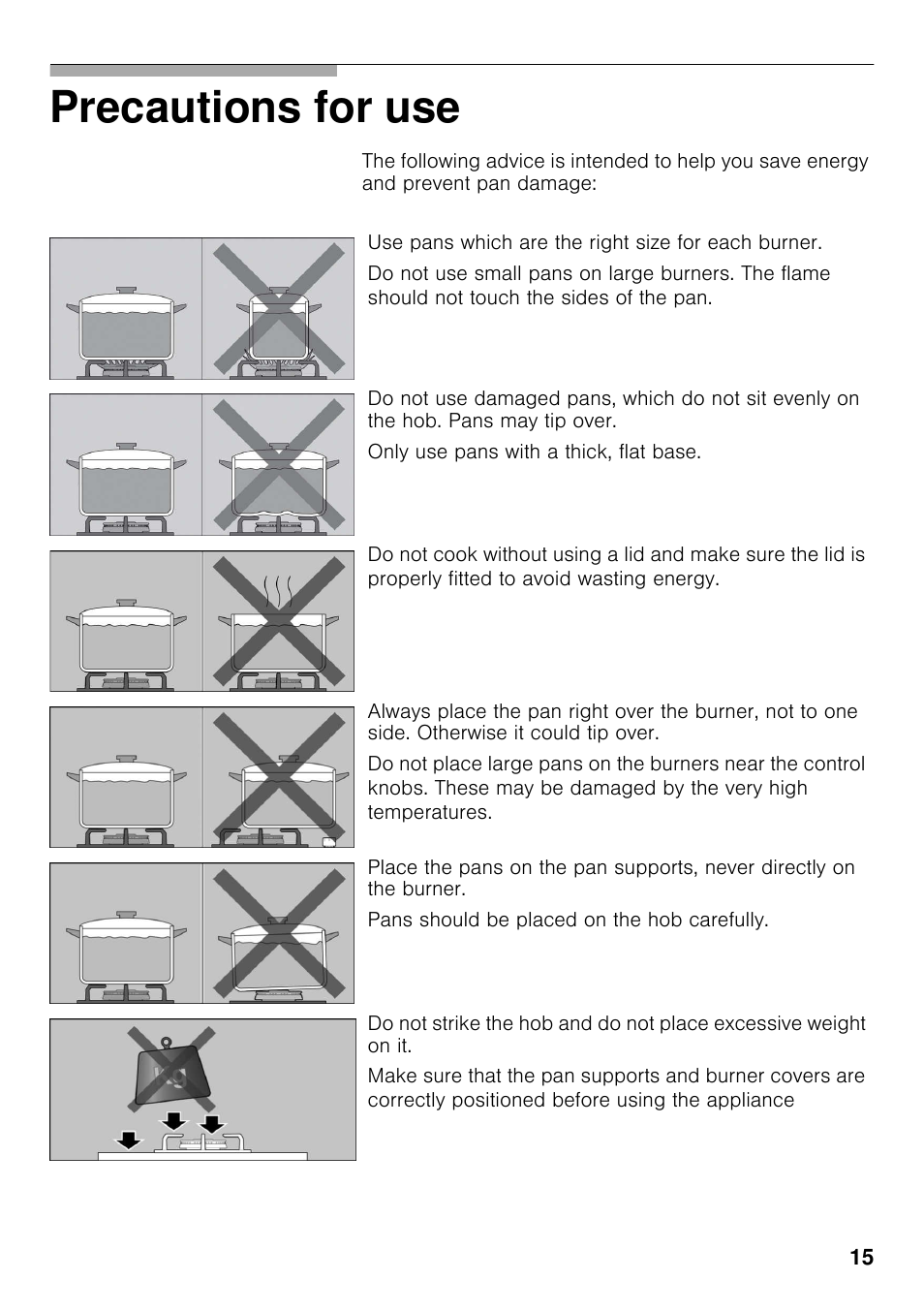 Precautions for use | Bosch PRP626B70E Gas-Kochstelle Glaskeramik 60 cm User Manual | Page 14 / 118