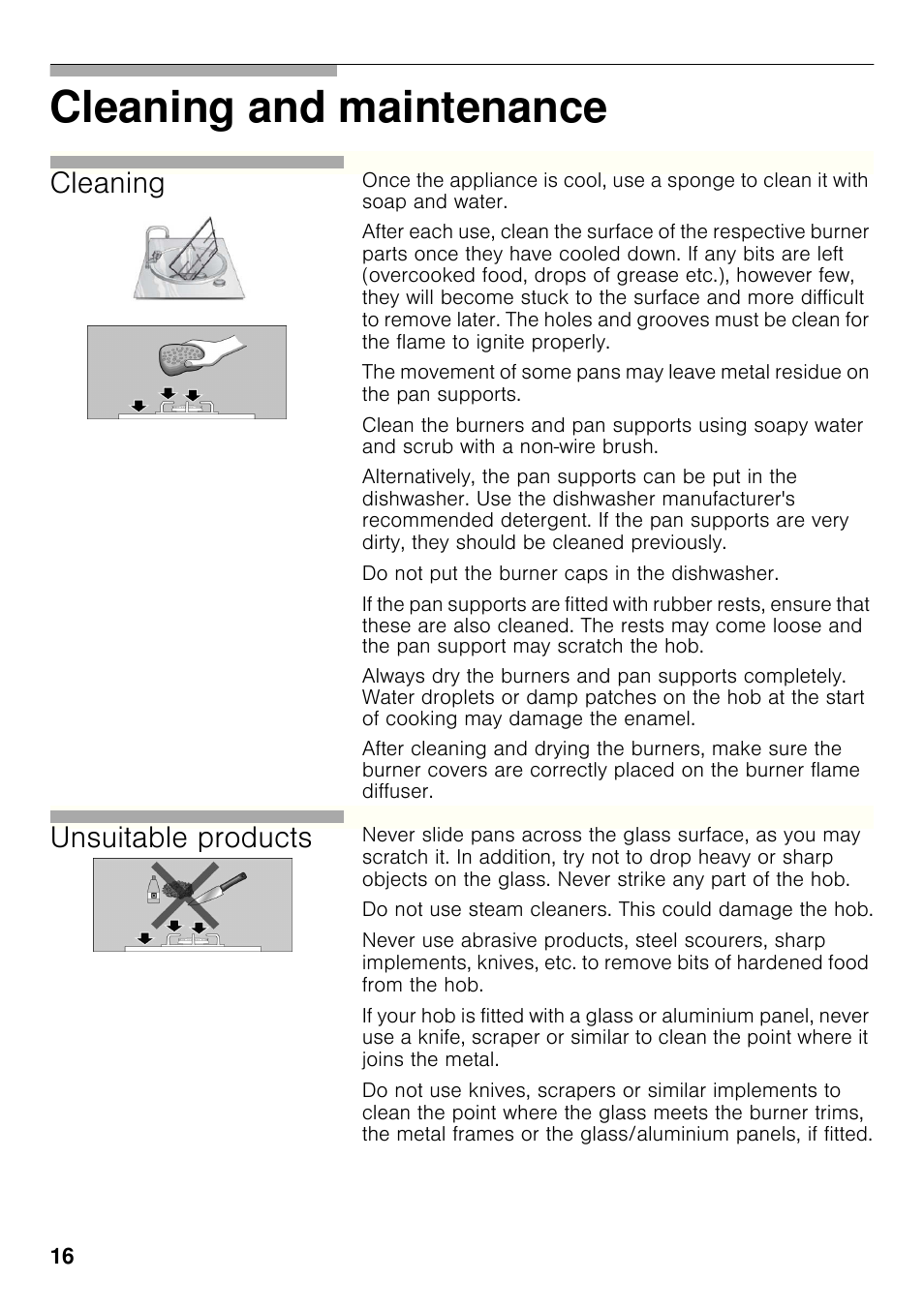 Cleaning and maintenance, Cleaning, Unsuitable products | Bosch PRP626B70E Gas-Kochstelle Glaskeramik 60 cm User Manual | Page 15 / 118