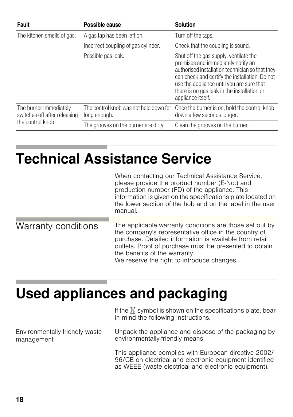 Environmentally-friendly waste management, Technical assistance service, Used appliances and packaging | Warranty conditions | Bosch PRP626B70E Gas-Kochstelle Glaskeramik 60 cm User Manual | Page 17 / 118