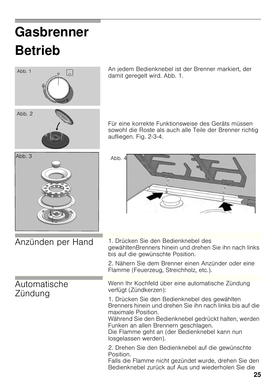 Betrieb, Gasbrenner betrieb, Anzünden per hand | Automatische zündung | Bosch PRP626B70E Gas-Kochstelle Glaskeramik 60 cm User Manual | Page 24 / 118