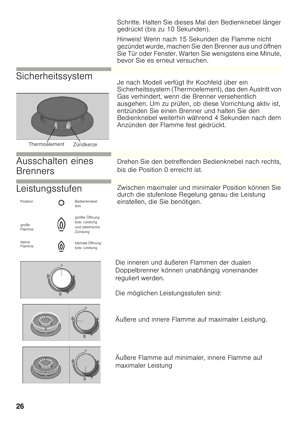 Sicherheitssystem, Ausschalten eines brenners, Leistungsstufen | Bosch PRP626B70E Gas-Kochstelle Glaskeramik 60 cm User Manual | Page 25 / 118