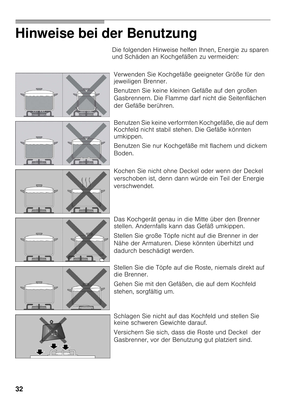 Hinweise bei der benutzung | Bosch PRP626B70E Gas-Kochstelle Glaskeramik 60 cm User Manual | Page 31 / 118