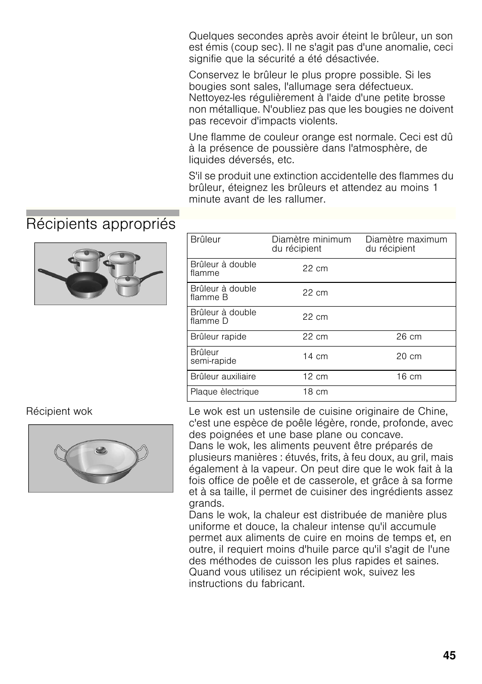 Récipient wok, Récipients appropriés | Bosch PRP626B70E Gas-Kochstelle Glaskeramik 60 cm User Manual | Page 44 / 118