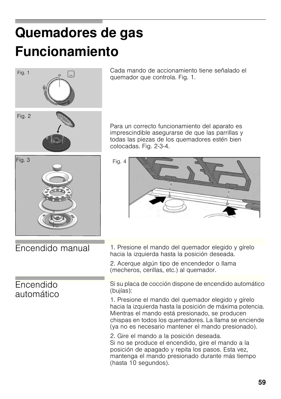 Funcionamiento, Quemadores de gas funcionamiento, Encendido manual | Encendido automático | Bosch PRP626B70E Gas-Kochstelle Glaskeramik 60 cm User Manual | Page 58 / 118
