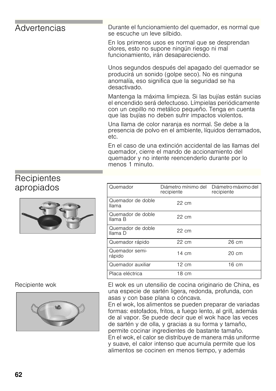 Recipiente wok, Advertencias, Recipientes apropiados | Bosch PRP626B70E Gas-Kochstelle Glaskeramik 60 cm User Manual | Page 61 / 118