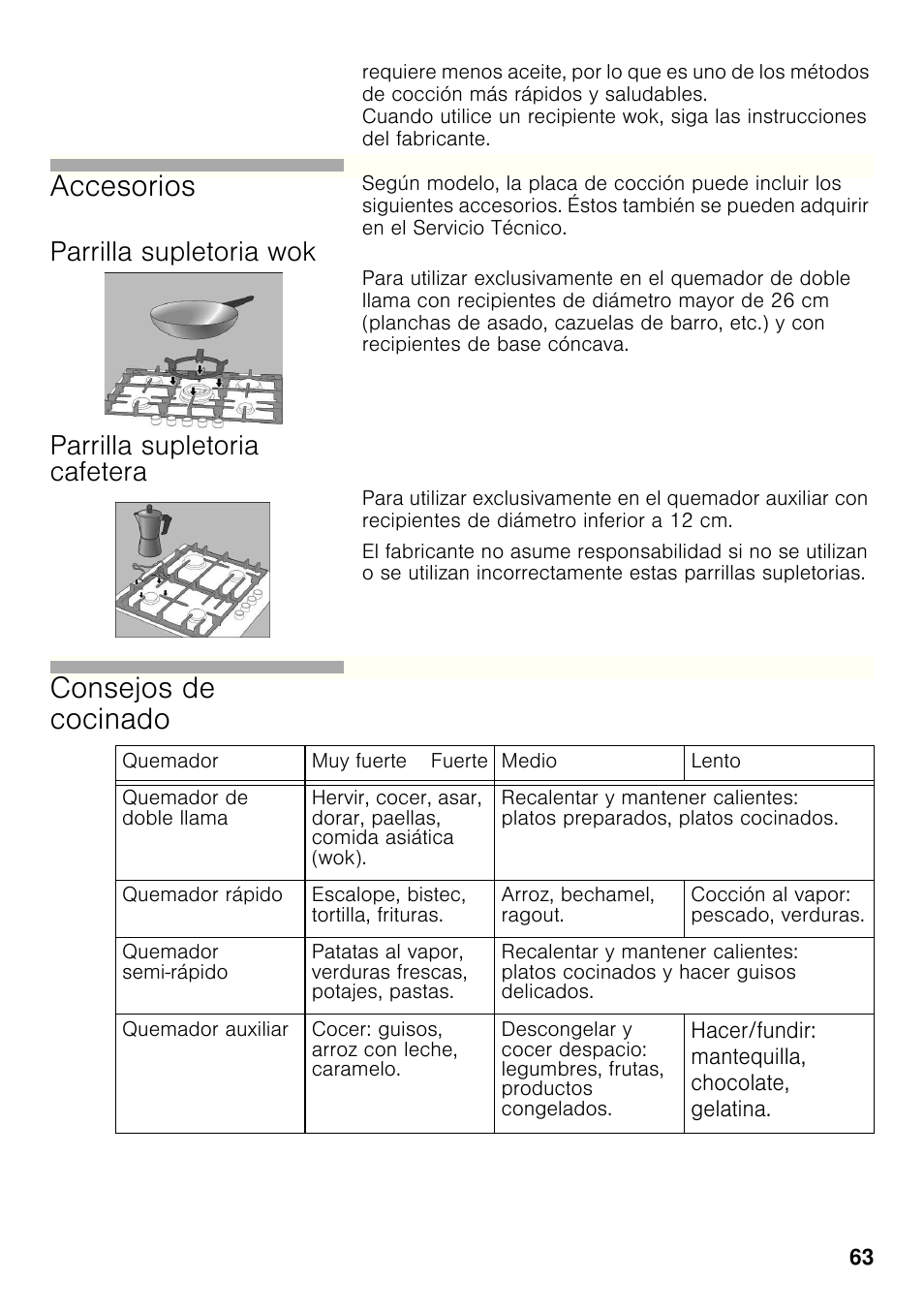 Parrilla supletoria wok, Parrilla supletoria cafetera, Accesorios | Consejos de cocinado | Bosch PRP626B70E Gas-Kochstelle Glaskeramik 60 cm User Manual | Page 62 / 118