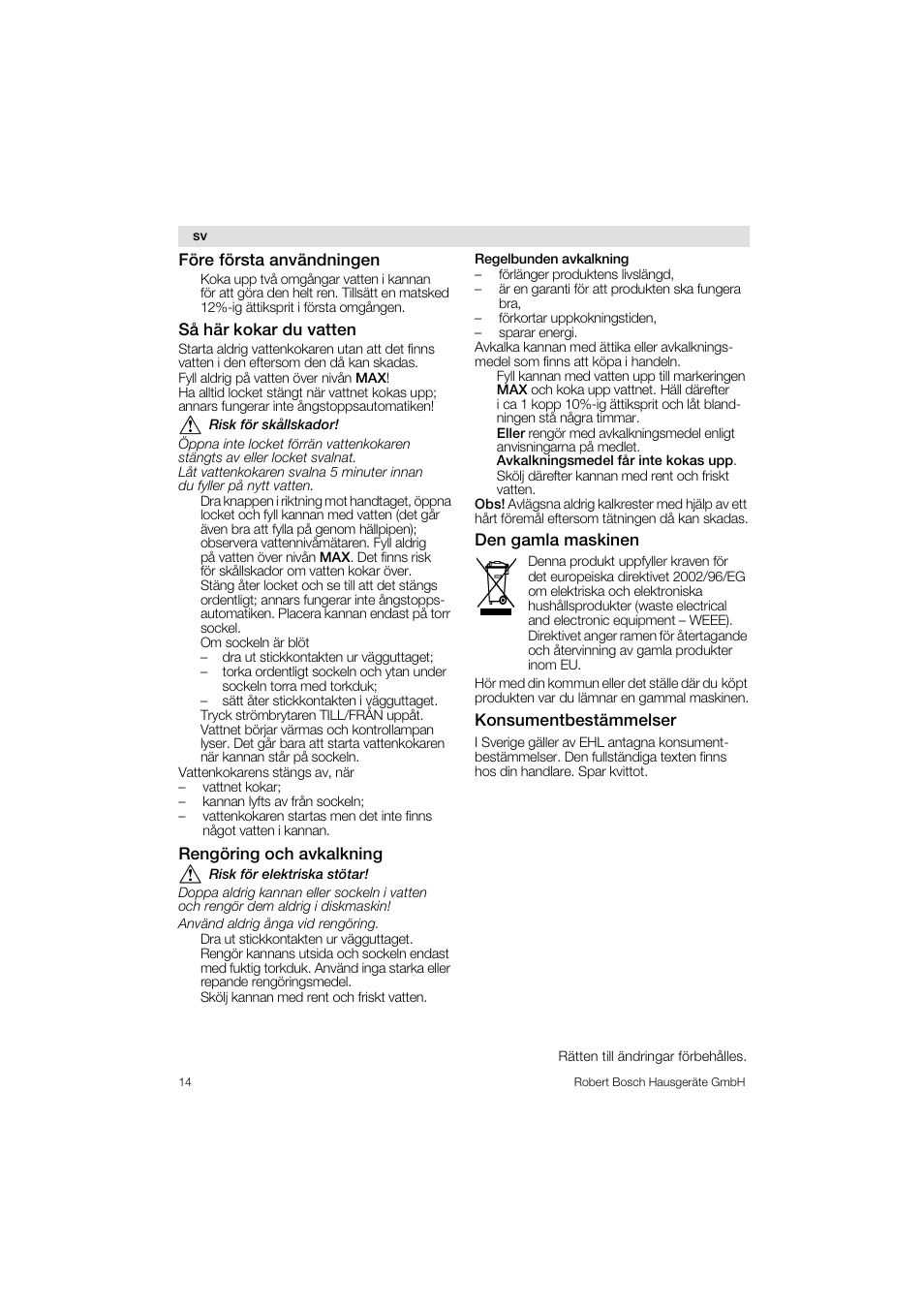 Bosch TWK1201N Wasserkocher aus Edelstahl User Manual | Page 14 / 42