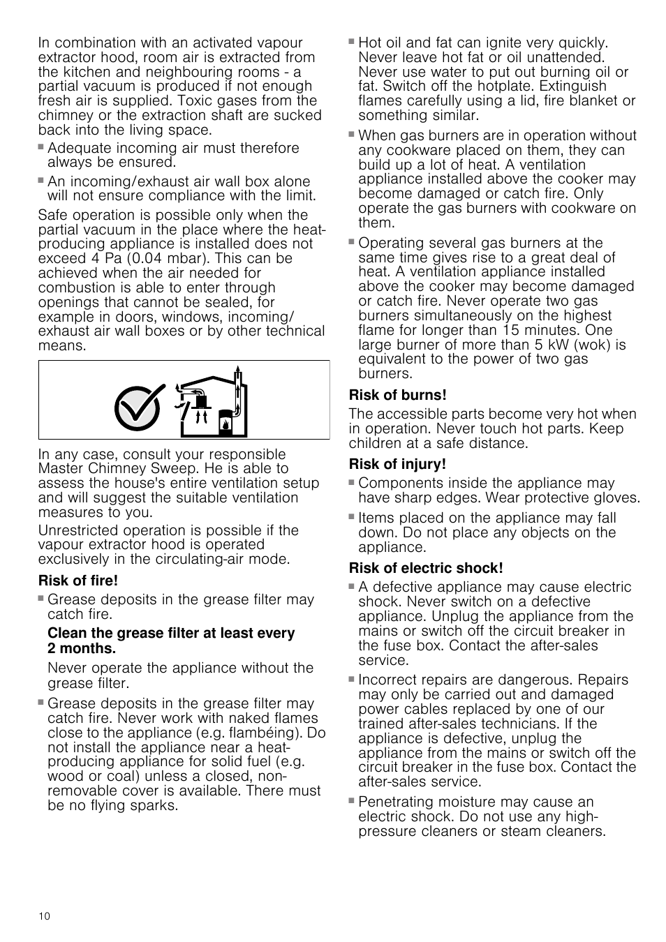 Risk of fire, Clean the grease filter at least every 2 months, Risk of burns | Risk of injury, Risk of electric shock | Bosch DWK09G660 schwarz Wandesse 90 cm Schräg-Essen-Design User Manual | Page 10 / 40