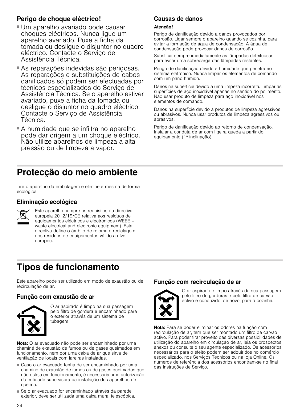Perigo de choque eléctrico, Causas de danos, Atenção | Protecção do meio ambiente, Eliminação ecológica, Tipos de funcionamento, Função com exaustão de ar, Nota, Função com recirculação de ar, Ecção do meio ambiente | Bosch DWK09G660 schwarz Wandesse 90 cm Schräg-Essen-Design User Manual | Page 24 / 40