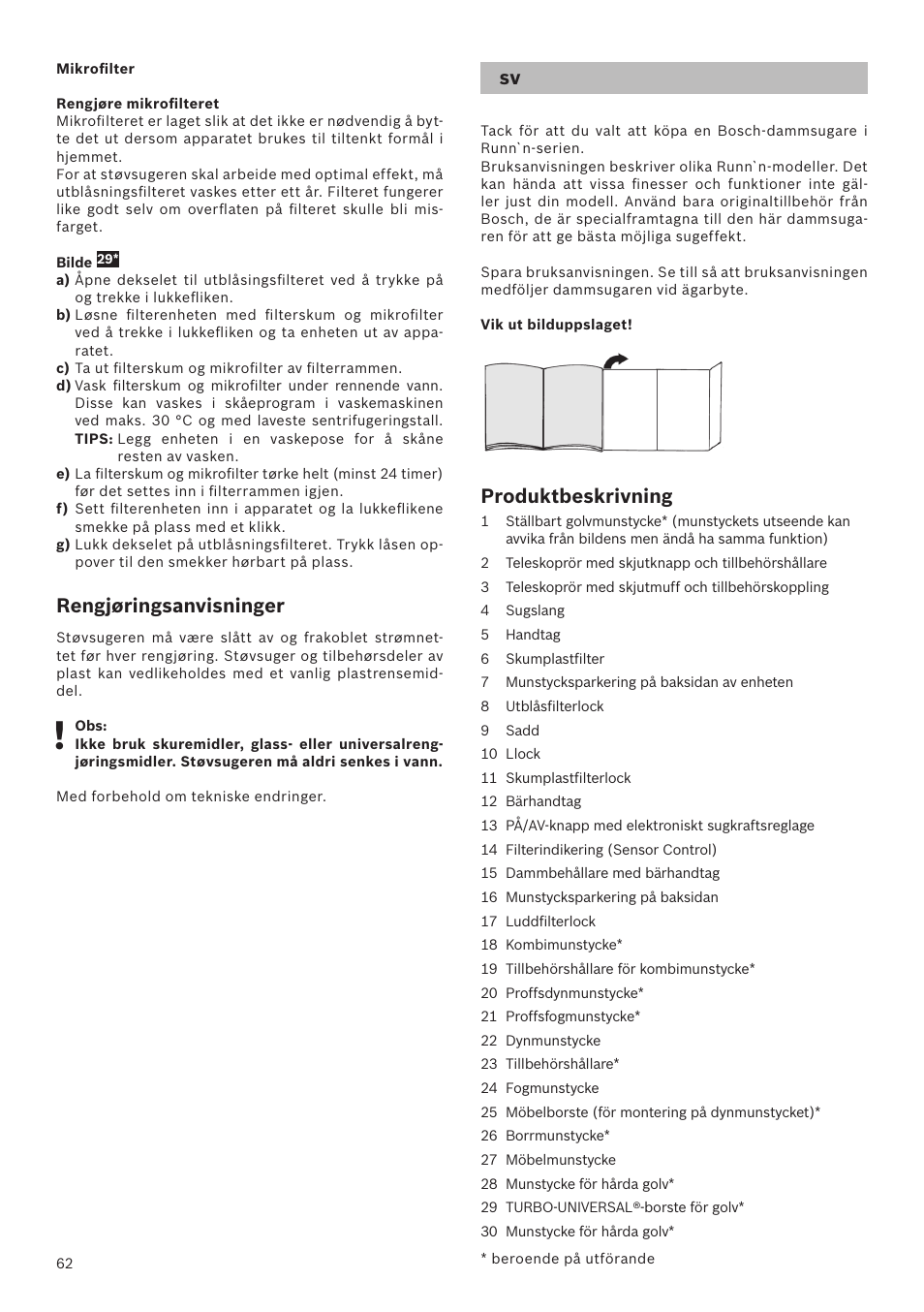 Rengjøringsanvisninger, Produktbeskrivning | Bosch Runnn Beutelloser Bodenstaubsauger BGS41432 schwarz User Manual | Page 62 / 139