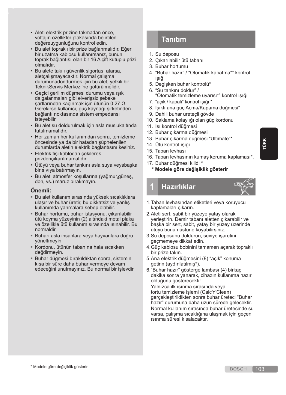 Tanıtım, Hazırlıklar | Bosch TDS3511 weiß schwarz Dampfstation Sensixx B35L User Manual | Page 103 / 160