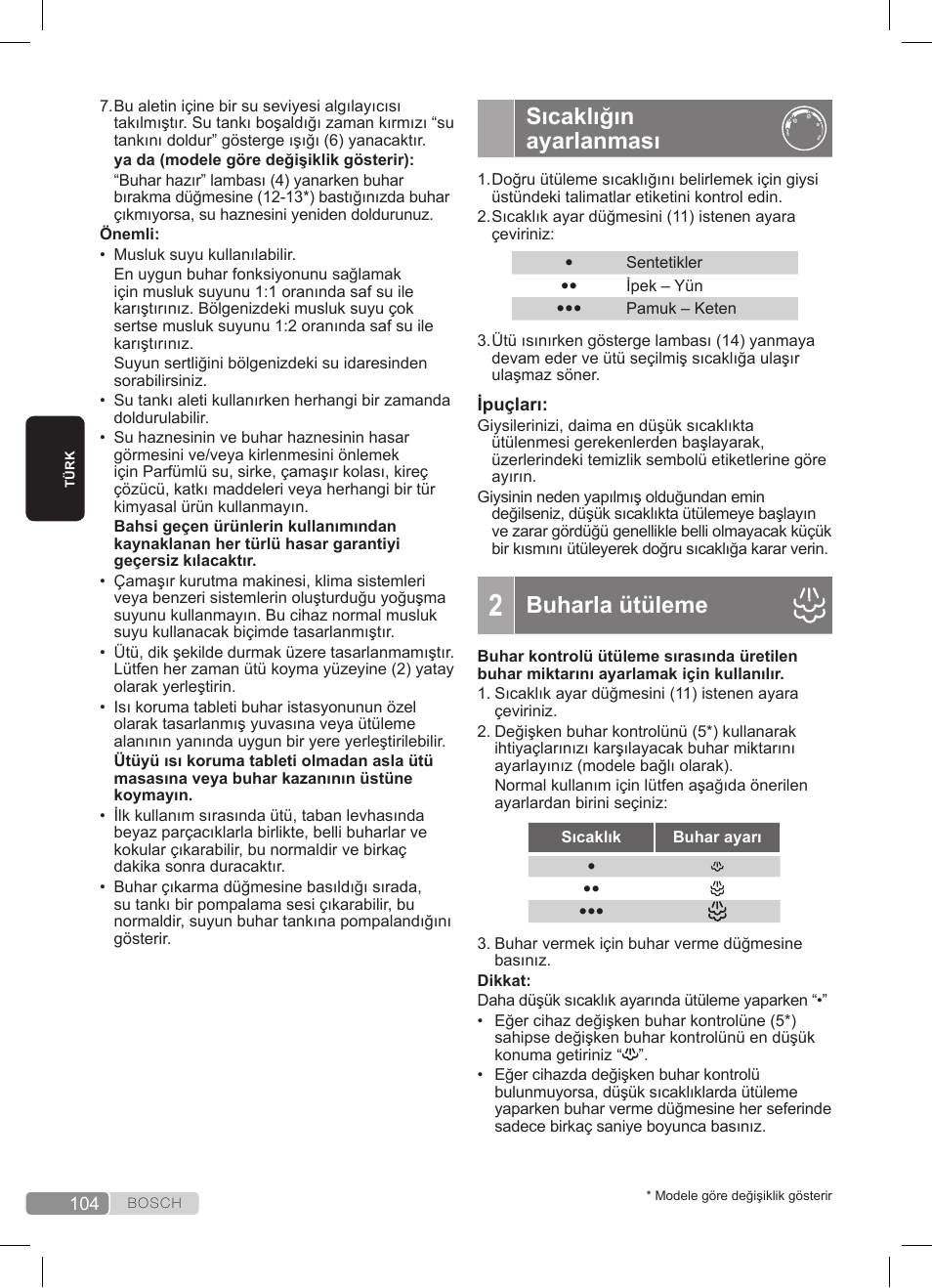 Sıcaklığın ayarlanması, Buharla ütüleme | Bosch TDS3511 weiß schwarz Dampfstation Sensixx B35L User Manual | Page 104 / 160