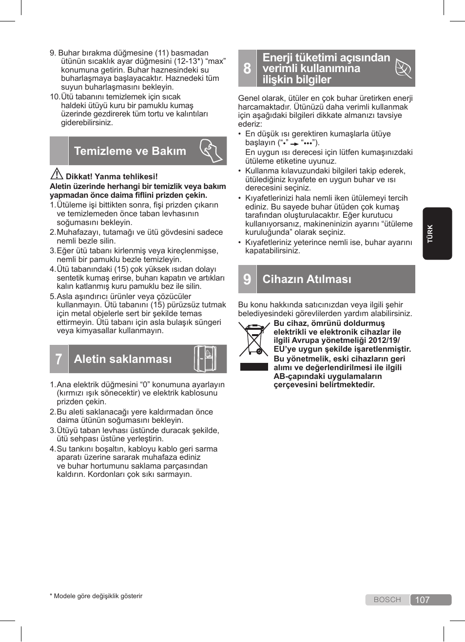Temizleme ve bakım, Aletin saklanması, Cihazın atılması | Bosch TDS3511 weiß schwarz Dampfstation Sensixx B35L User Manual | Page 107 / 160
