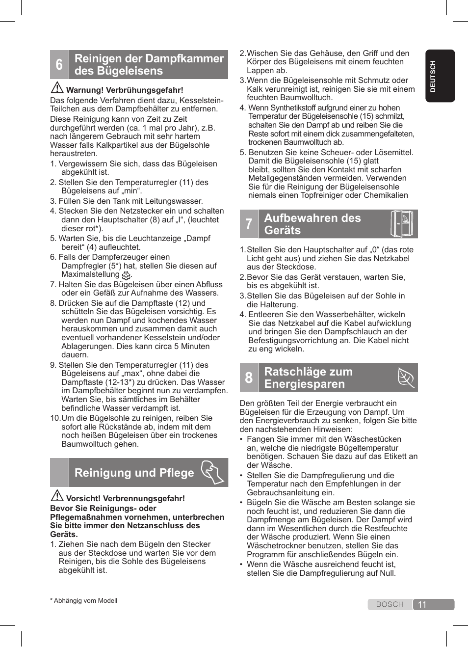 Reinigen der dampfkammer des bügeleisens, Reinigung und pflege, Aufbewahren des geräts | Ratschläge zum energiesparen | Bosch TDS3511 weiß schwarz Dampfstation Sensixx B35L User Manual | Page 11 / 160
