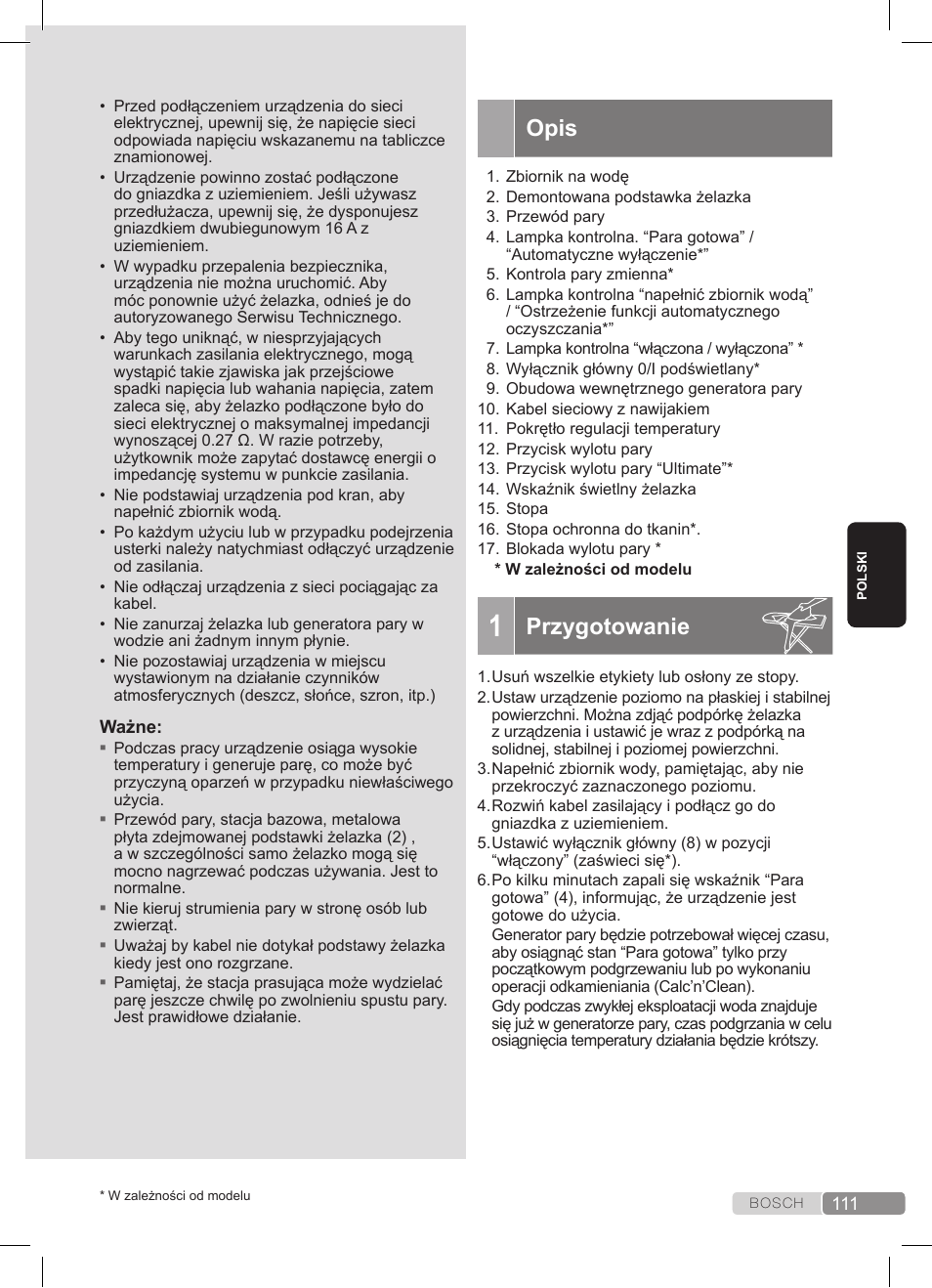 Opis, Przygotowanie | Bosch TDS3511 weiß schwarz Dampfstation Sensixx B35L User Manual | Page 111 / 160