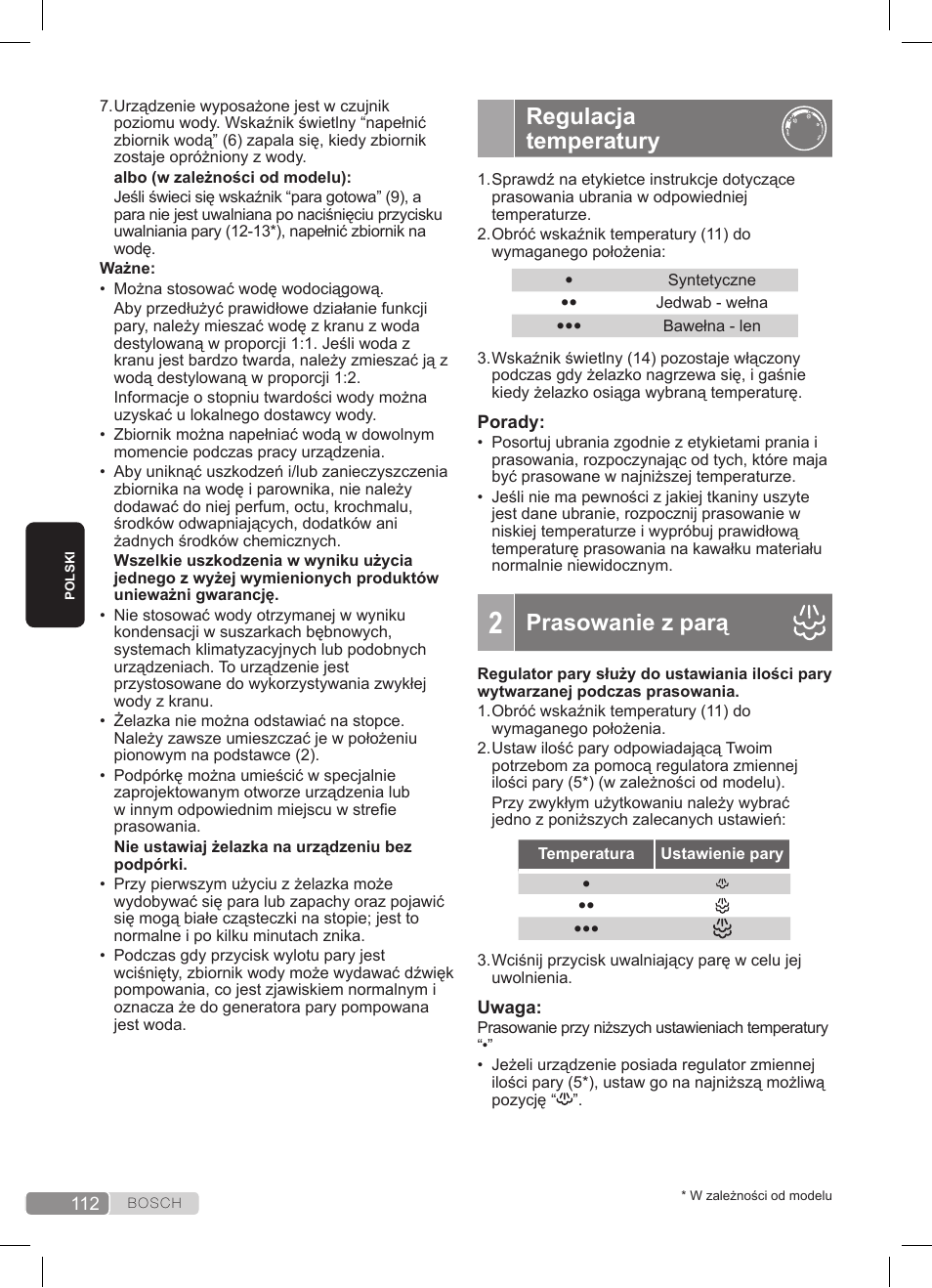 Regulacja temperatury, Prasowanie z parą | Bosch TDS3511 weiß schwarz Dampfstation Sensixx B35L User Manual | Page 112 / 160
