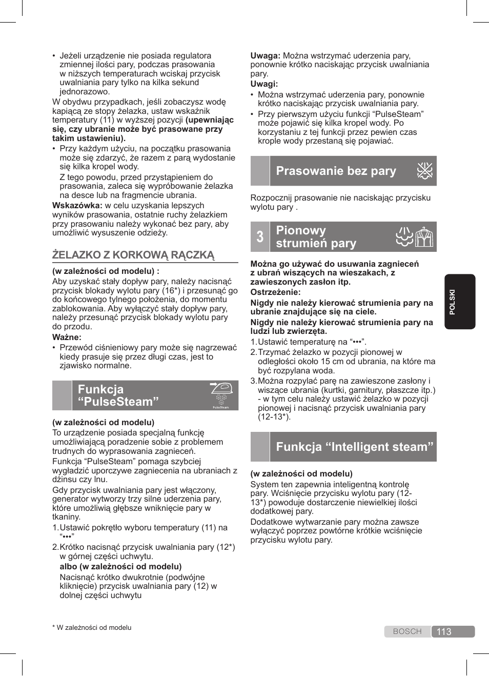 Funkcja “pulsesteam, Prasowanie bez pary, Pionowy strumień pary | Funkcja “intelligent steam, Żelazko z korkową rączką | Bosch TDS3511 weiß schwarz Dampfstation Sensixx B35L User Manual | Page 113 / 160