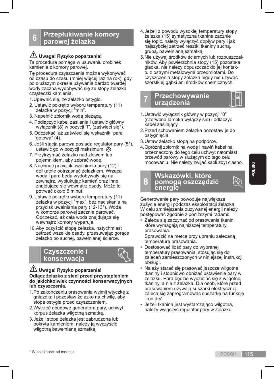Przepłukiwanie komory parowej żelazka, Czyszczenie i konserwacja, Przechowywanie urządzenia | Wskazówki, które pomogą oszczędzić energię | Bosch TDS3511 weiß schwarz Dampfstation Sensixx B35L User Manual | Page 115 / 160