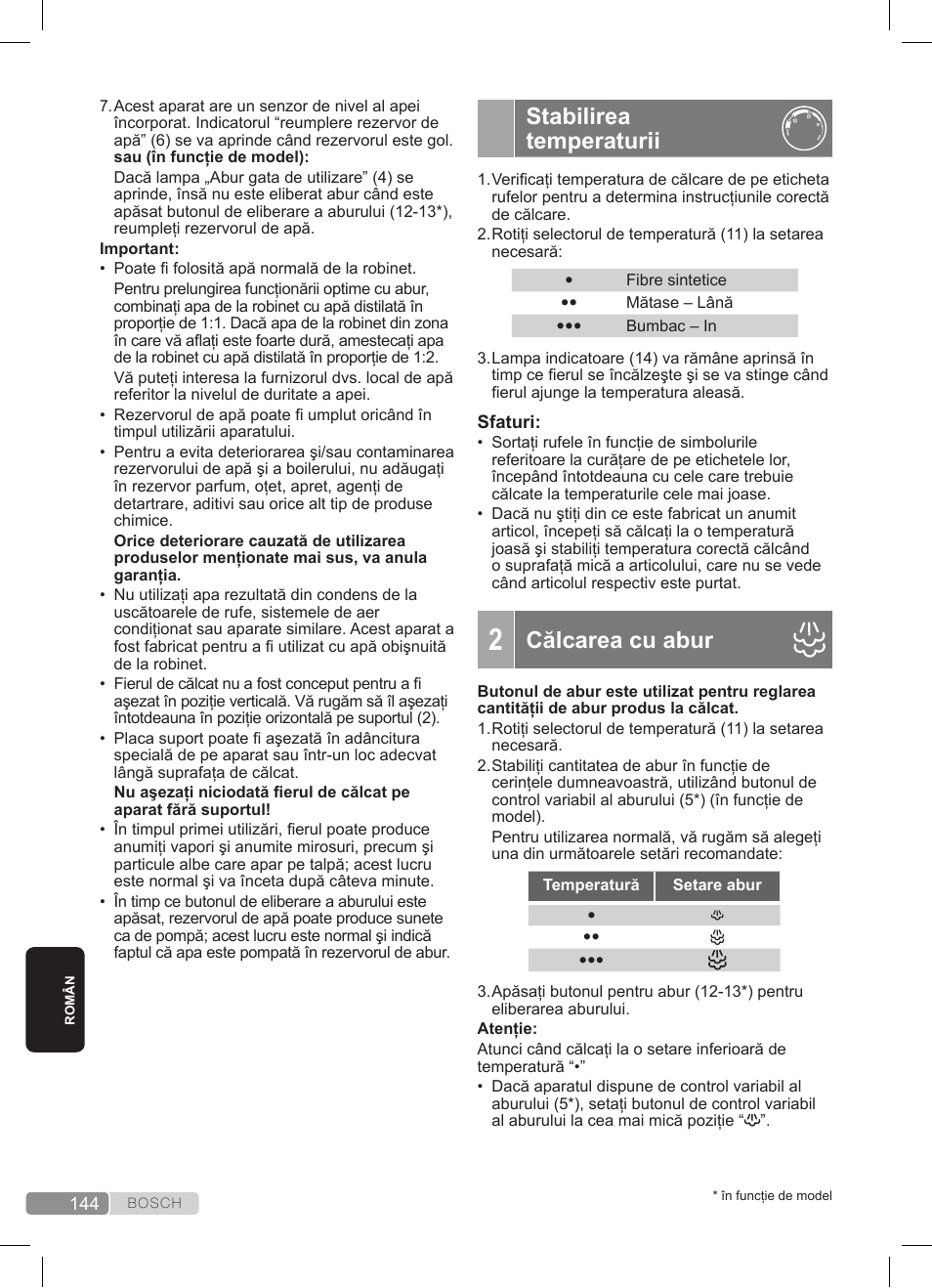 Stabilirea temperaturii, Călcarea cu abur | Bosch TDS3511 weiß schwarz Dampfstation Sensixx B35L User Manual | Page 144 / 160