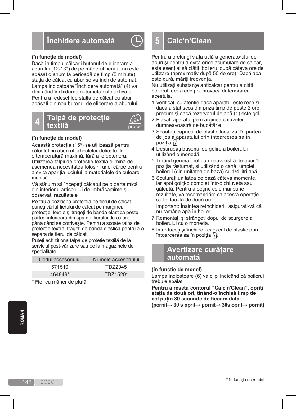 Închidere automată, Talpă de protecţie textilă, Calc’n’clean | Avertizare curăţare automată | Bosch TDS3511 weiß schwarz Dampfstation Sensixx B35L User Manual | Page 146 / 160