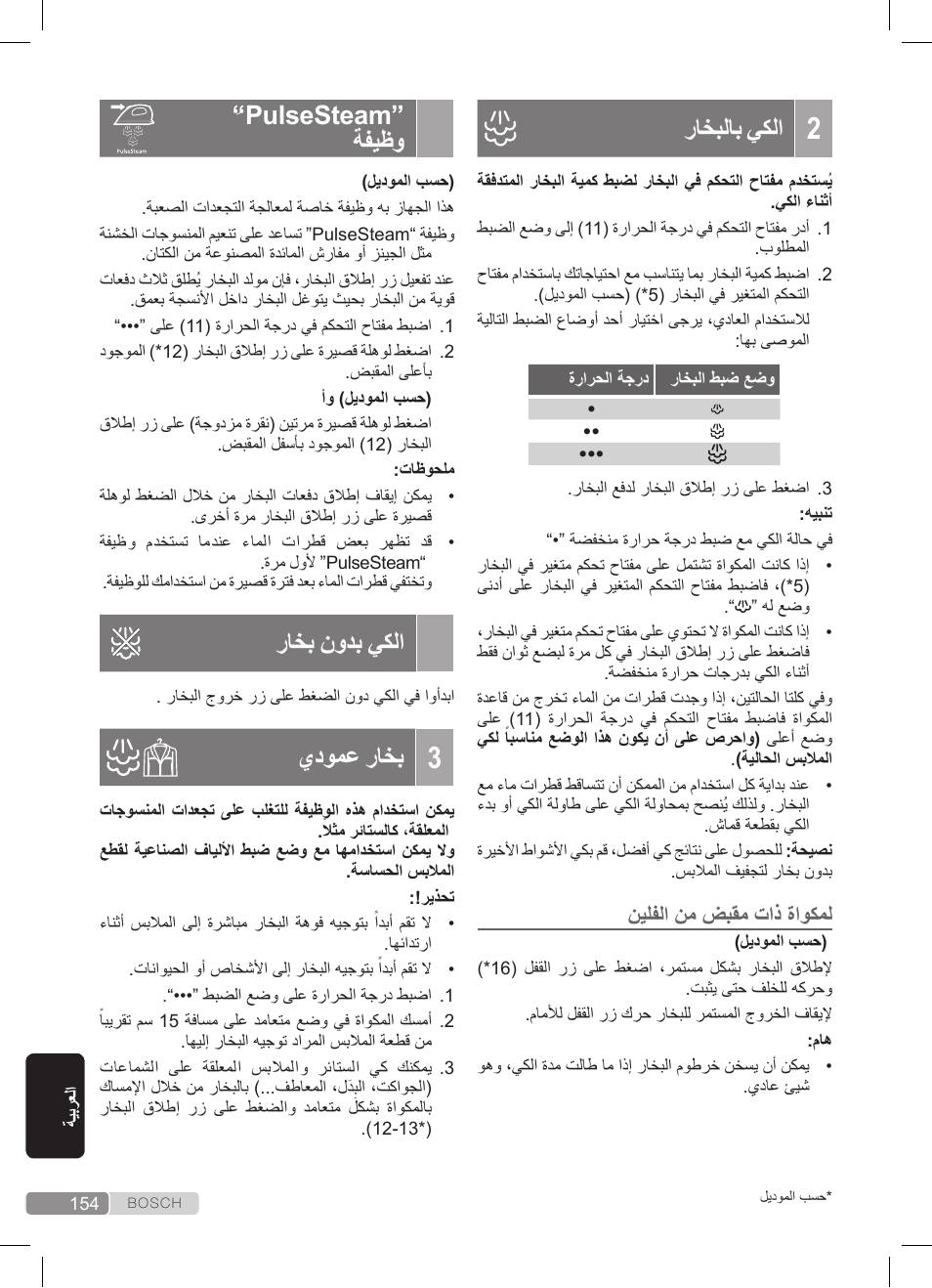 راخبلاب يكلا, Pulsesteam” ةفيظو, راخب نودب يكلا | يدومع راخب | Bosch TDS3511 weiß schwarz Dampfstation Sensixx B35L User Manual | Page 154 / 160