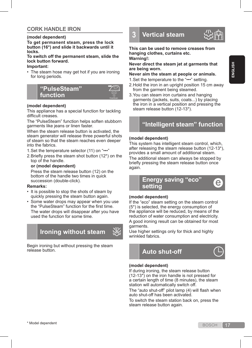 Pulsesteam” function, Ironing without steam, Vertical steam | Intelligent steam” function, Energy saving “eco” setting, Auto shut-off | Bosch TDS3511 weiß schwarz Dampfstation Sensixx B35L User Manual | Page 17 / 160