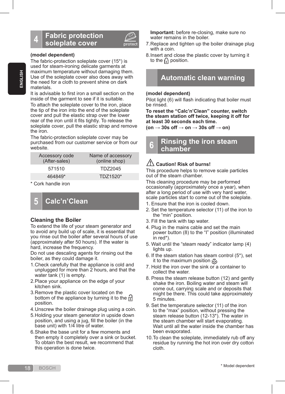 Fabric protection soleplate cover, Calc’n’clean, Automatic clean warning | Rinsing the iron steam chamber | Bosch TDS3511 weiß schwarz Dampfstation Sensixx B35L User Manual | Page 18 / 160
