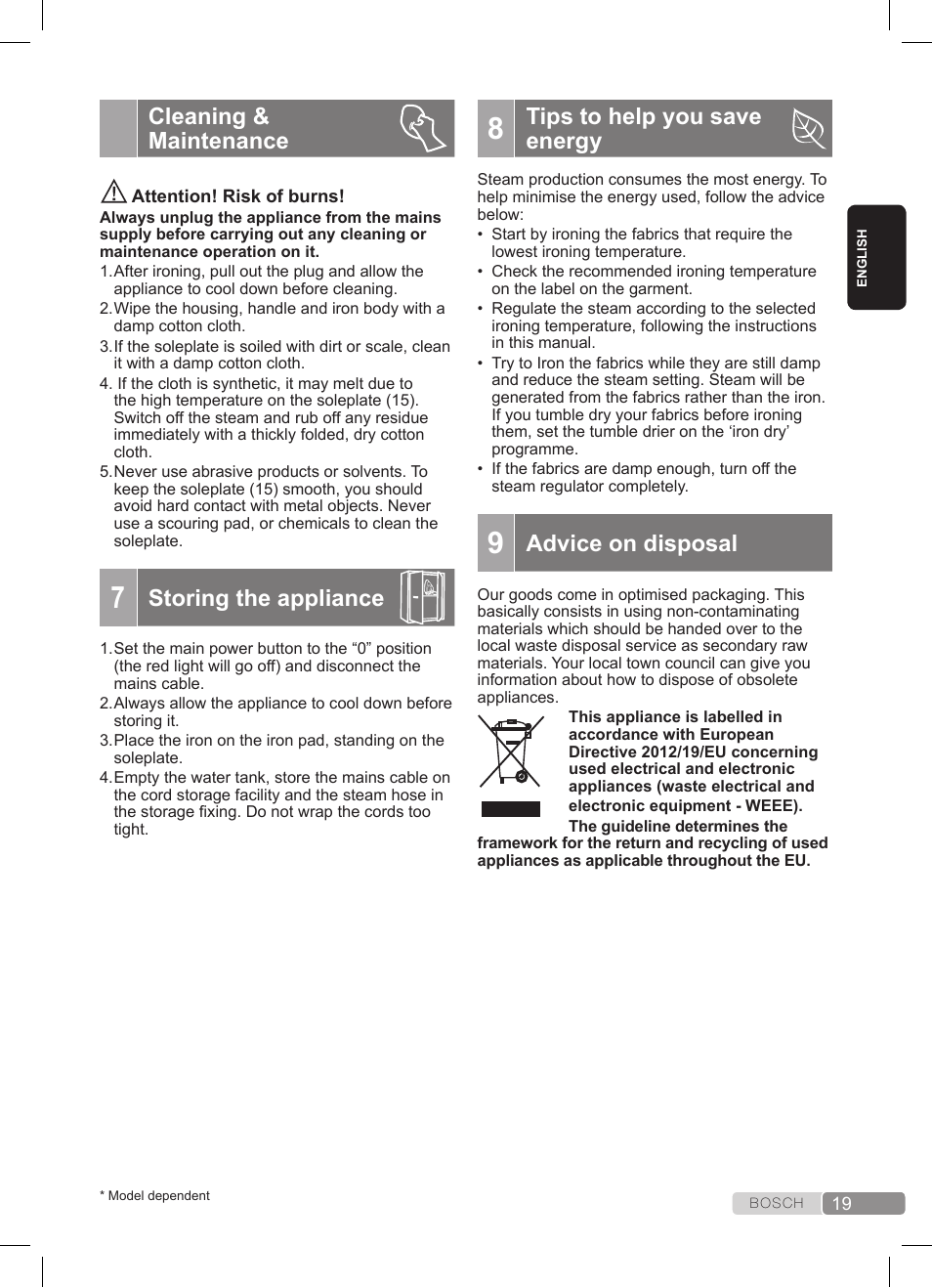 Cleaning & maintenance, Storing the appliance, Tips to help you save energy | Advice on disposal | Bosch TDS3511 weiß schwarz Dampfstation Sensixx B35L User Manual | Page 19 / 160