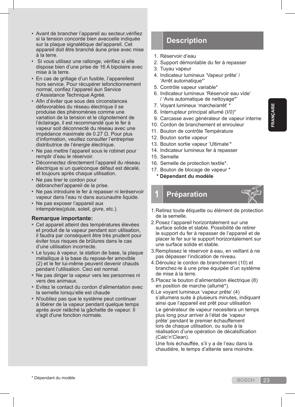 Description, Préparation | Bosch TDS3511 weiß schwarz Dampfstation Sensixx B35L User Manual | Page 23 / 160