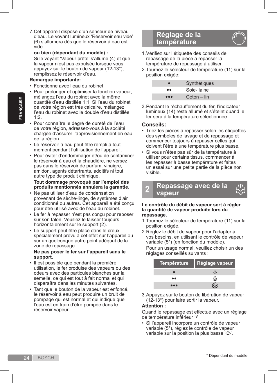 Réglage de la température, Repassage avec de la vapeur | Bosch TDS3511 weiß schwarz Dampfstation Sensixx B35L User Manual | Page 24 / 160