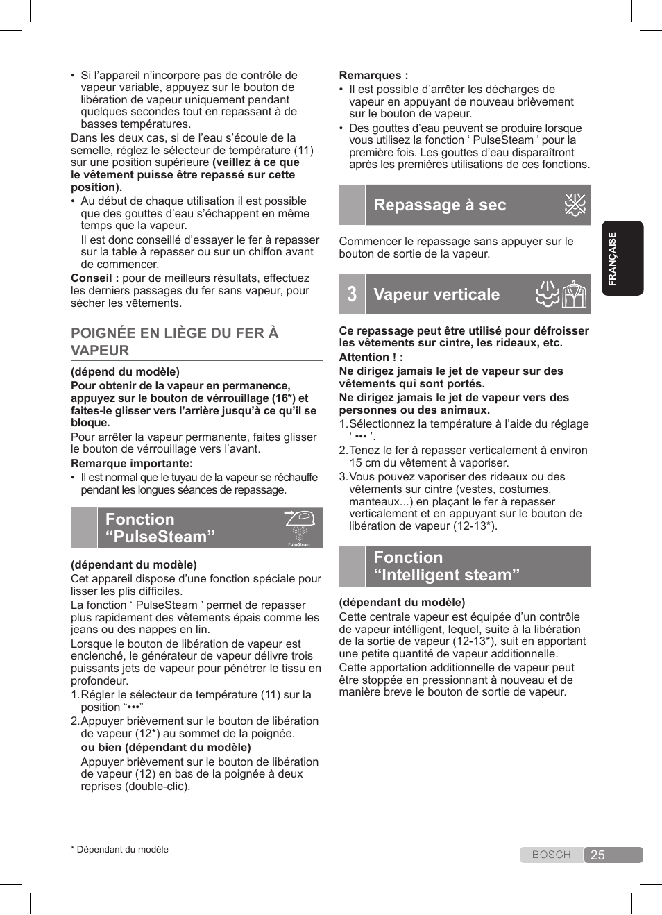 Fonction “pulsesteam, Repassage à sec, Vapeur verticale | Fonction “intelligent steam | Bosch TDS3511 weiß schwarz Dampfstation Sensixx B35L User Manual | Page 25 / 160