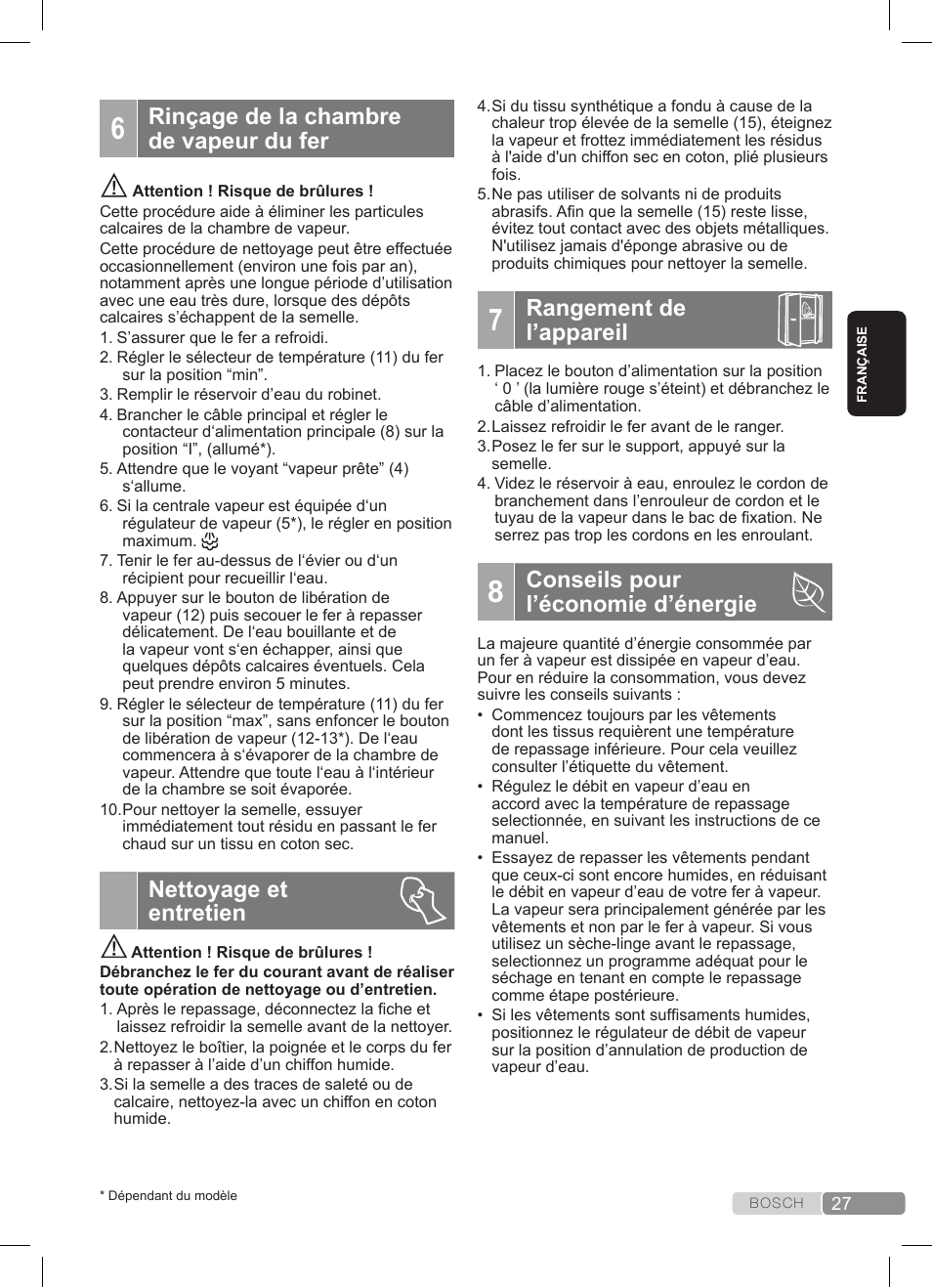 Rinçage de la chambre de vapeur du fer, Nettoyage et entretien, Rangement de l’appareil | Conseils pour l’économie d’énergie | Bosch TDS3511 weiß schwarz Dampfstation Sensixx B35L User Manual | Page 27 / 160