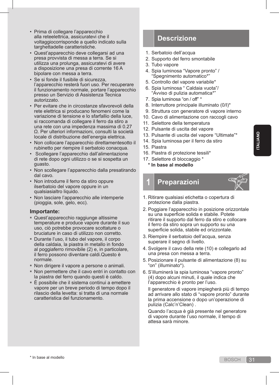 Descrizione, Preparazioni | Bosch TDS3511 weiß schwarz Dampfstation Sensixx B35L User Manual | Page 31 / 160